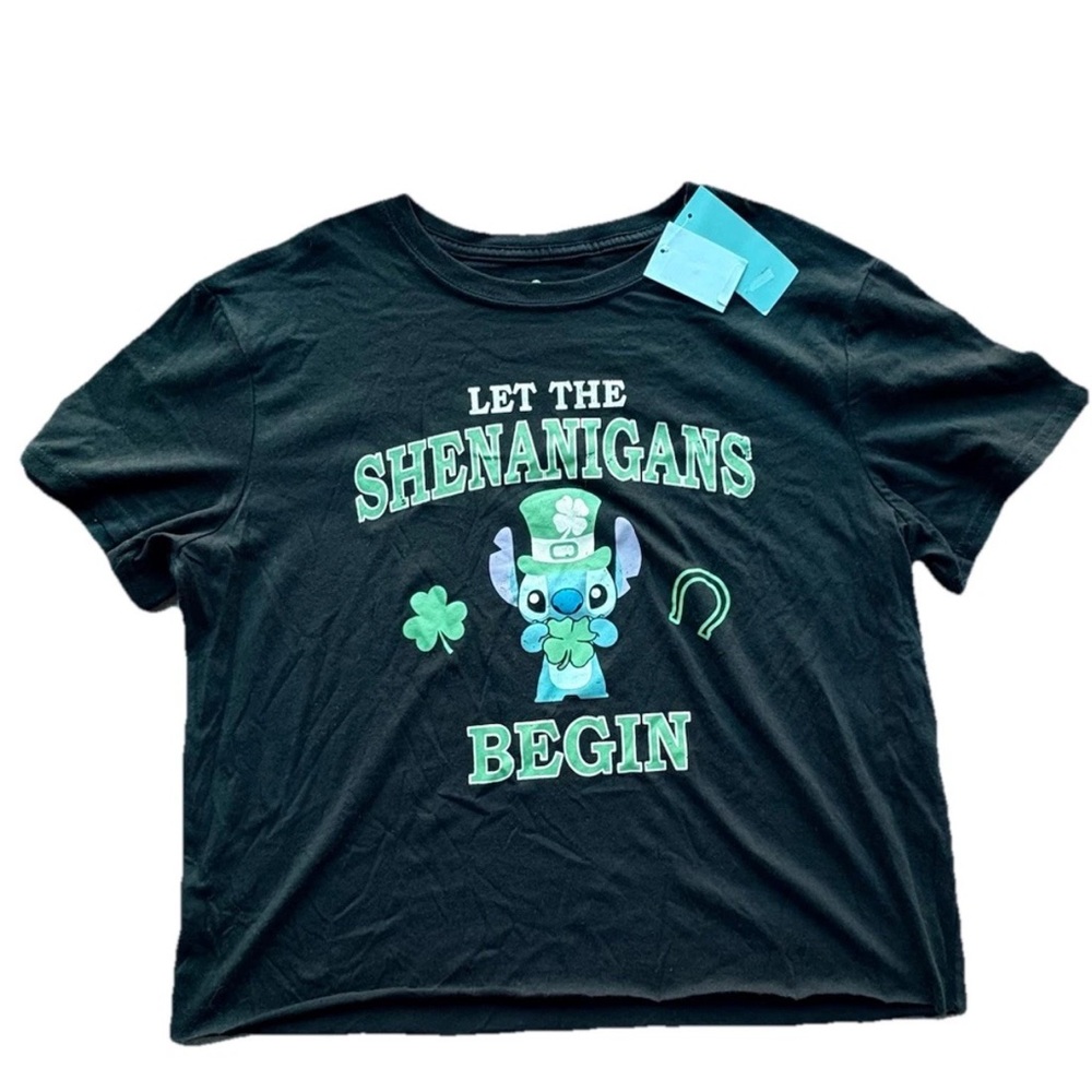 Disney Stitch St Patrick’s Day Black Raw Edge Cropped t shirt Size XL
